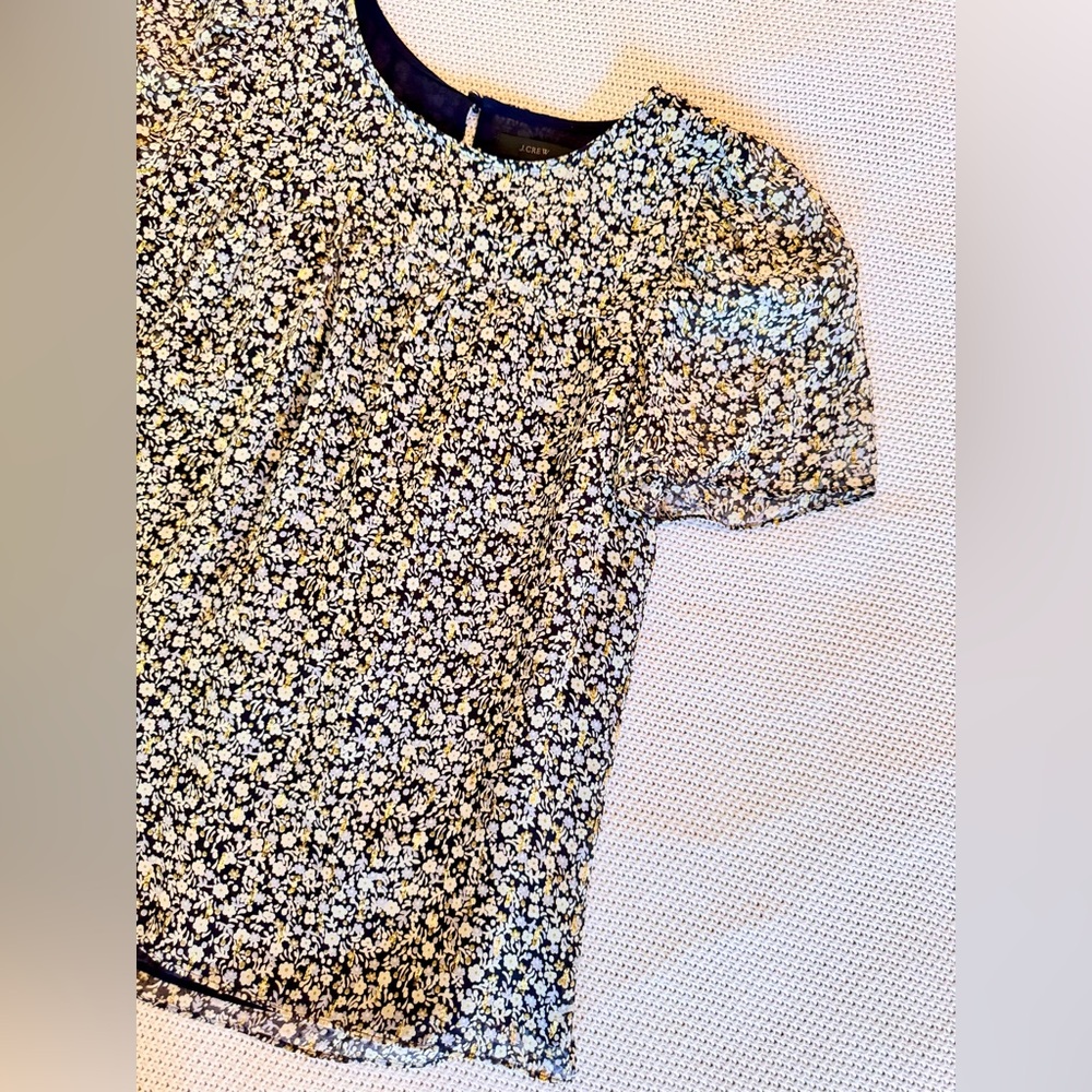 J. CREW Chiffon Silk Gold Metallic Black & White Blouse Floral Top - Picture 6 of 16